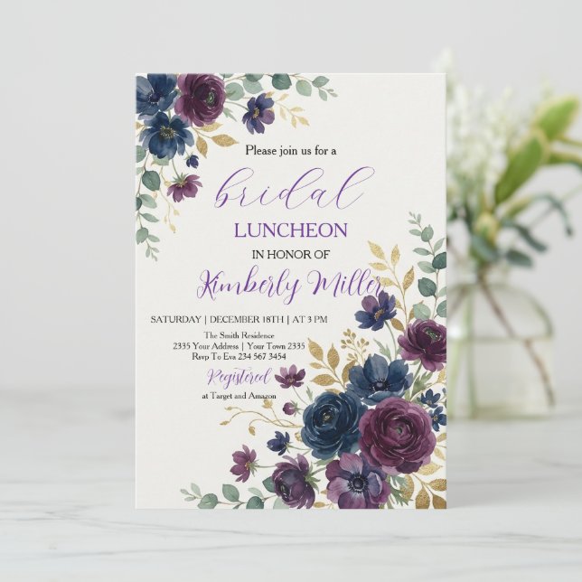 Convite de Almoço de Noiva com Floral Roxo (Em pé/Frente)