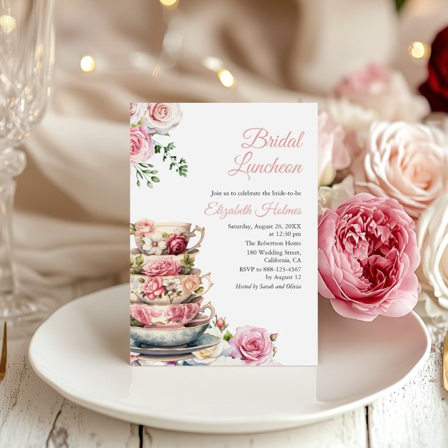 Convite de Almoço de Noivado em Xícara Floral (Blush Pink Floral Teacup Bridal Luncheon Invitation on a boho table with pink and white peonies)