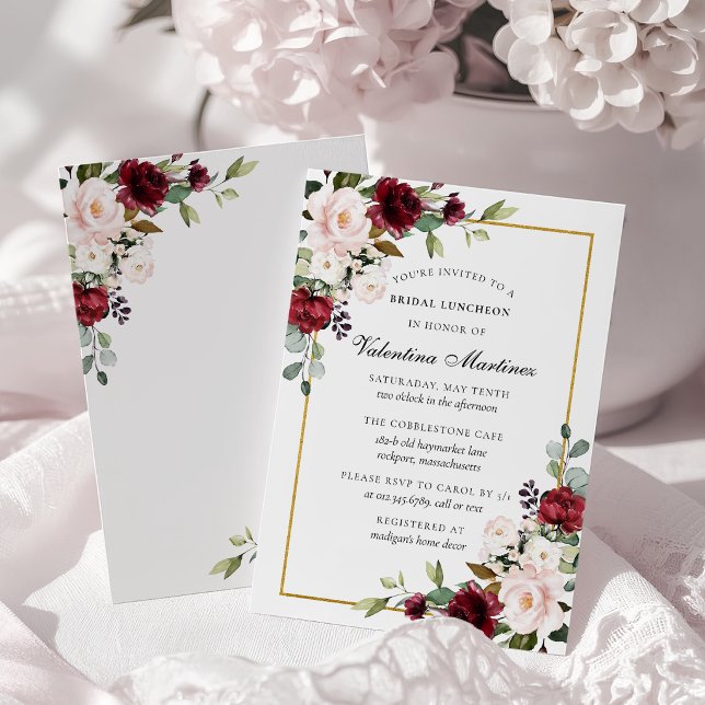 Convite de Almoço Nupcial Floral Rosa Vermelho Bor (Criador carregado)