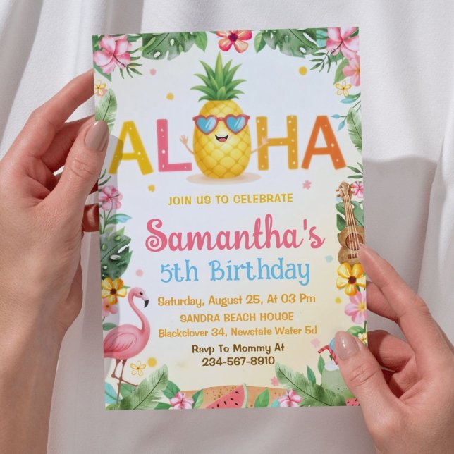 Convite de Aloha para Aniversário do Partido Abaca (Aloha Pineapple Party Birthday Invitation)