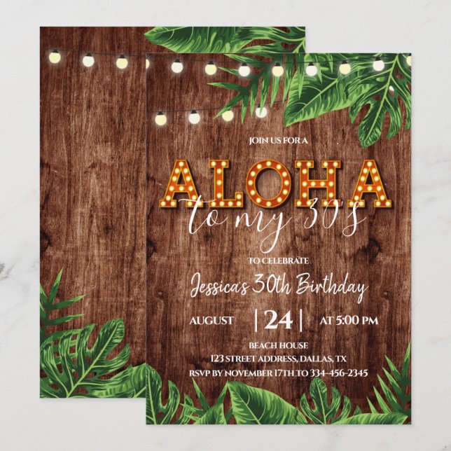 Convite de Aloha Russo para Aniversário Tropical (Frente/Verso)
