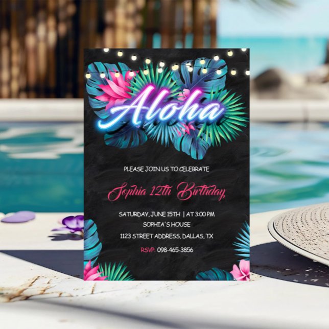 Convite de Aloha Tropical Neon Birthday (Criador carregado)