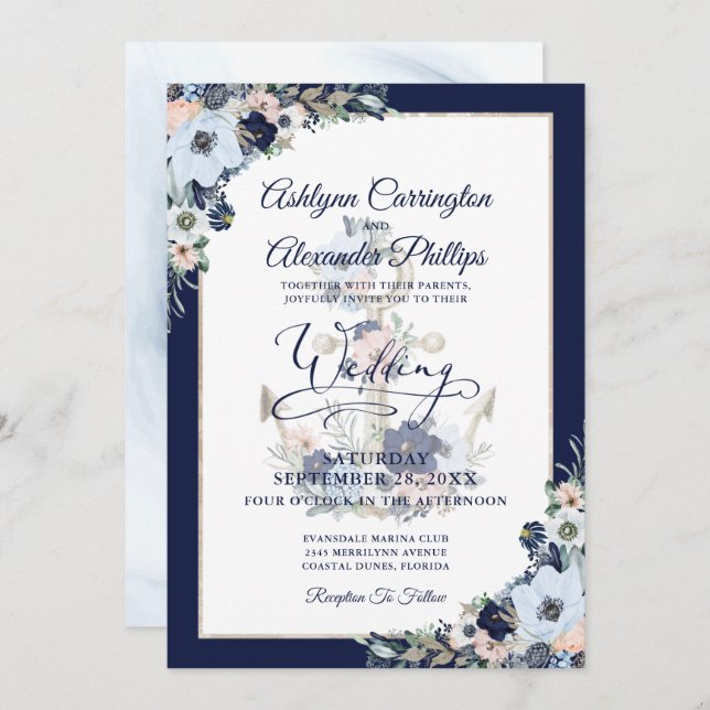 Convite de Âncora Floral Elegante de Casamento Náu (Frente/Verso)