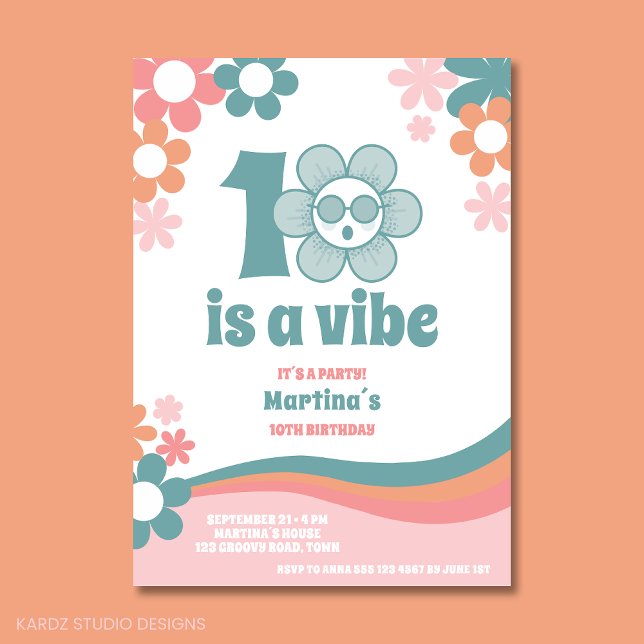 Convite de aniversário 10 (10th birthday party invitation for Girl with "10 is a vibe". Cool flower daisy and retro vibes.)