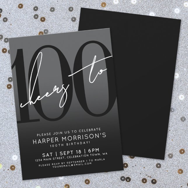 Convite de aniversário 100º preto moderno (Modern Black 100th Birthday Party Invitation)