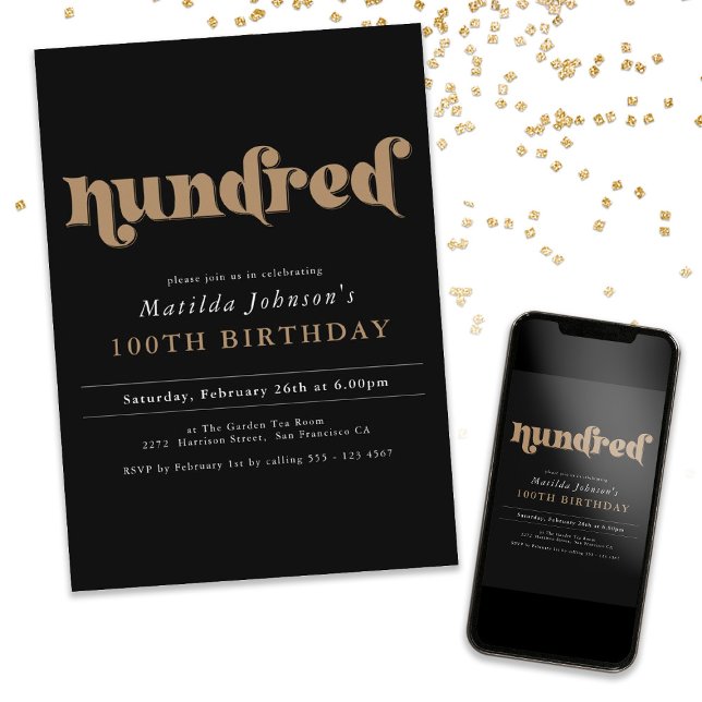 Convite de aniversário 100 Dourado preto chic (Chic Black Gold 100th Birthday Party Invitation)