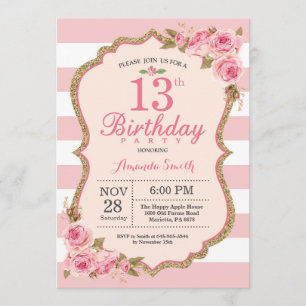 Convite de aniversário 13 de Peões Rosa Floral