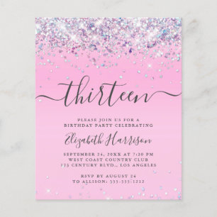 Convite de aniversário 13 do Glitter de Orçamento