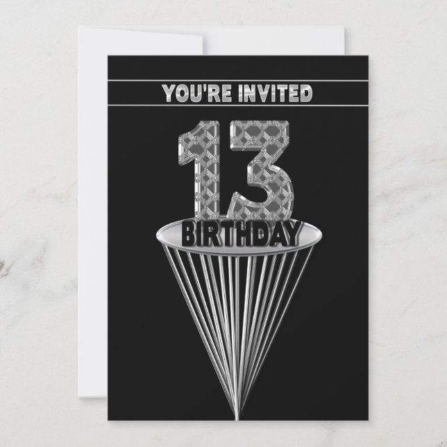 Convite de aniversário 13 - Prata e Preto, (Frente)