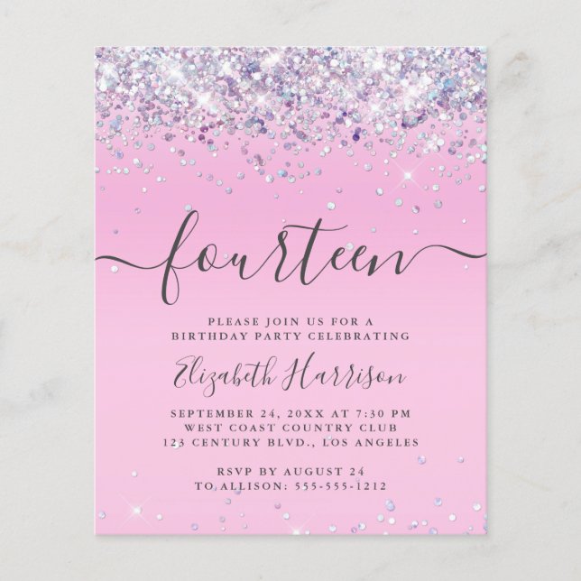 Convite de aniversário 14 do Glitter de Orçamento (Frente)
