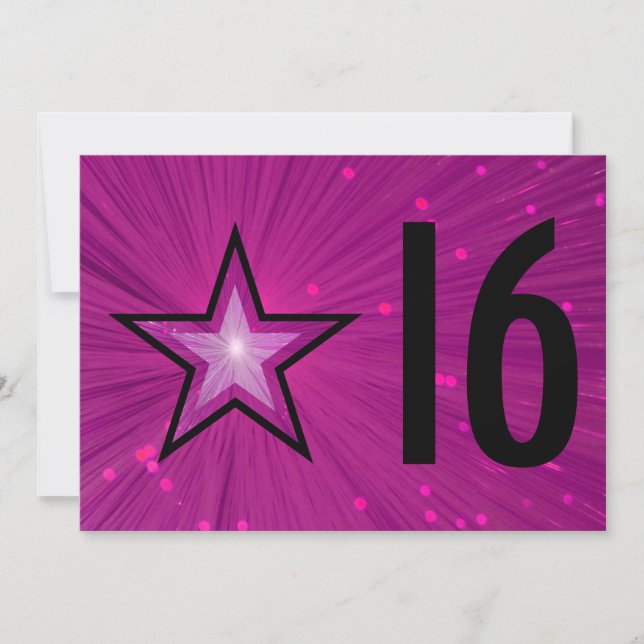 Convite de aniversário '16' para Estrela Rosa pret (Frente)