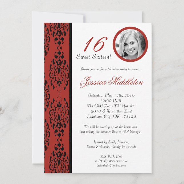 convite de aniversário 16 Red Damask 5x7Crimson (Frente)
