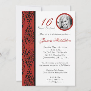 convite de aniversário 16 Red Damask 5x7Crimson