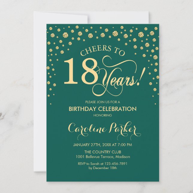 convite de aniversário 18 - Verde Dourado (Frente)