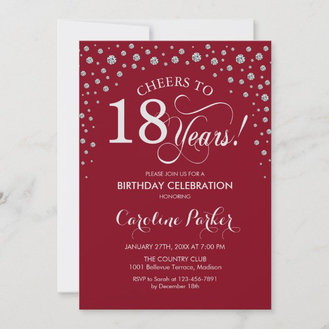convite de aniversário 18 - Vermelho prateado (Frente)