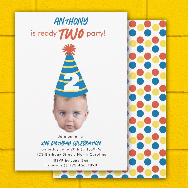 Convite de Aniversário 2º Dois Bebê Rosto Foto Ani (Birthday Invite 2nd Two Birthday Baby Face Photo)