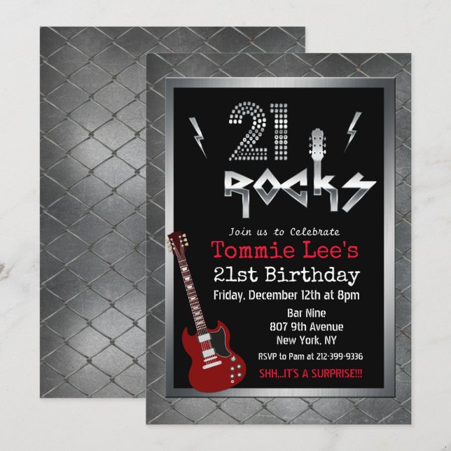 Convite de Aniversário 21 Rocks Guitarrista Estrel (Frente/Verso)
