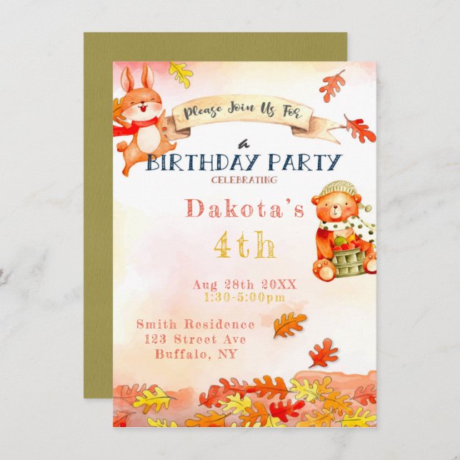 Convite de aniversário 2 do outono do Urso Cónico (Frente/Verso)