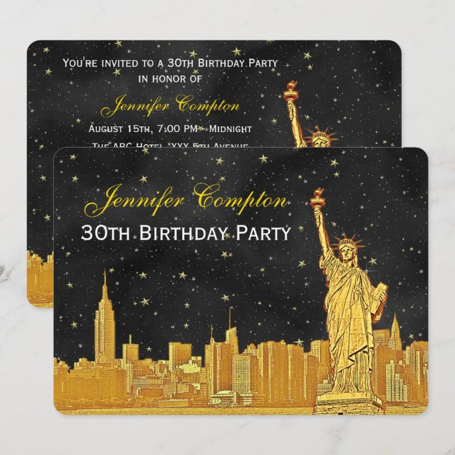 Convite de Aniversário #2 NYC Skyline Dourado Etch (Frente/Verso)