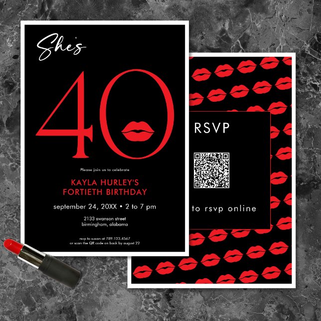 Convite de Aniversário 40 Anos Lábios Vermelhos Mi (Modern Minimal Red Lips She's Forty Birthday QR Invitation)