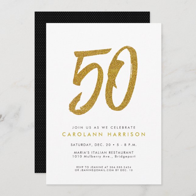 Convite de aniversário 50º ouro brilhante (Frente/Verso)
