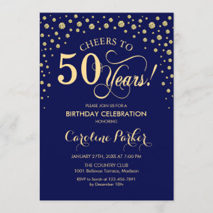convite de aniversário 50 - Azul Marinho Dourado