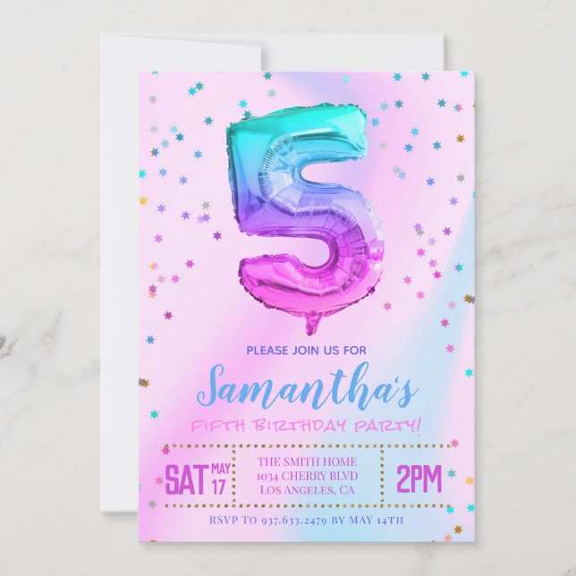 Convite de aniversário 5 Unicórnio (Frente)