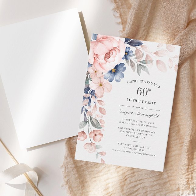 Convite de aniversário 60º Floral de Aquarela (Watercolor Floral 60th Birthday Party Invitation)