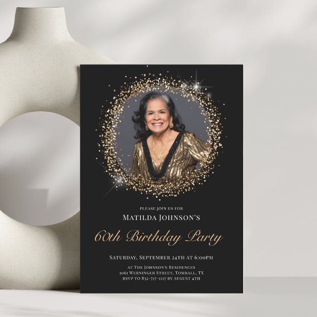 Convite de aniversário 60º Glitter Black Dourado (Glitter Black Gold 60th Birthday Party Invitation
)
