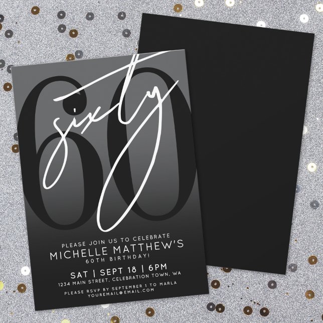 Convite de aniversário 60º preto moderno (Modern Black 60th Birthday Party Invitation)