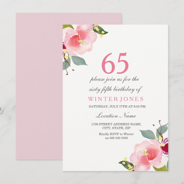 Convite de aniversário 65º Floral Rosa Elegante (Frente/Verso)