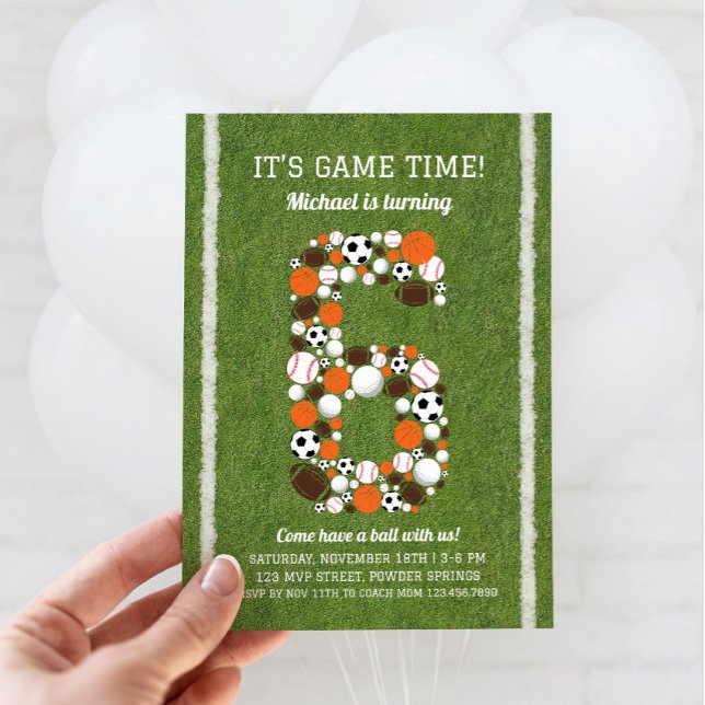 Convite de aniversário 6 desportivo (Sports 6th Birthday Invitation)