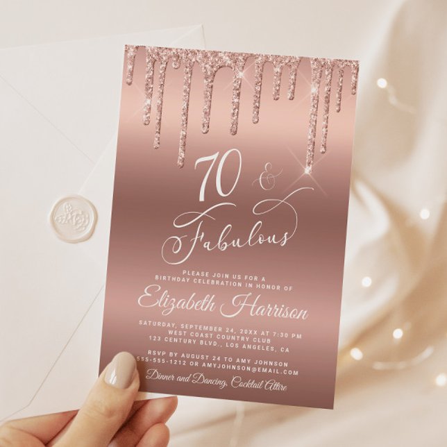 Convite de aniversário 70 brilhante Dourado rosa (Celebrate her 70 years of sparkle with an elegant rose gold glitter birthday party invitation)