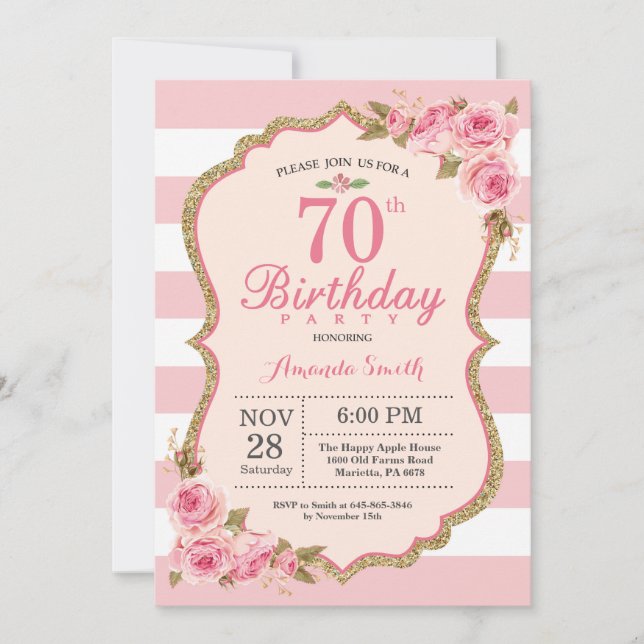 Convite de aniversário 70 de Peões Rosa Floral (Frente)