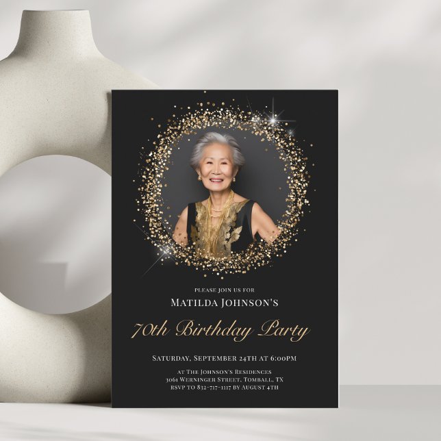 Convite de aniversário 70 Dourado brilhante (Glitter Black Gold 70th Birthday Party Invitation)