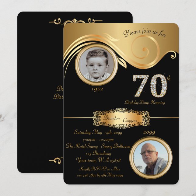 Convite de aniversário 70, preto e Dourado (Frente/Verso)