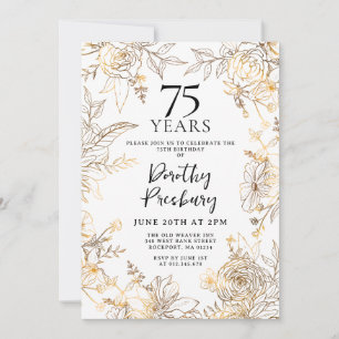 Convite de aniversário 75 Dourado White Floral