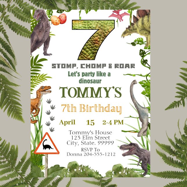 Convite de aniversário 7 Dinossauro para Meninos (Criador carregado)