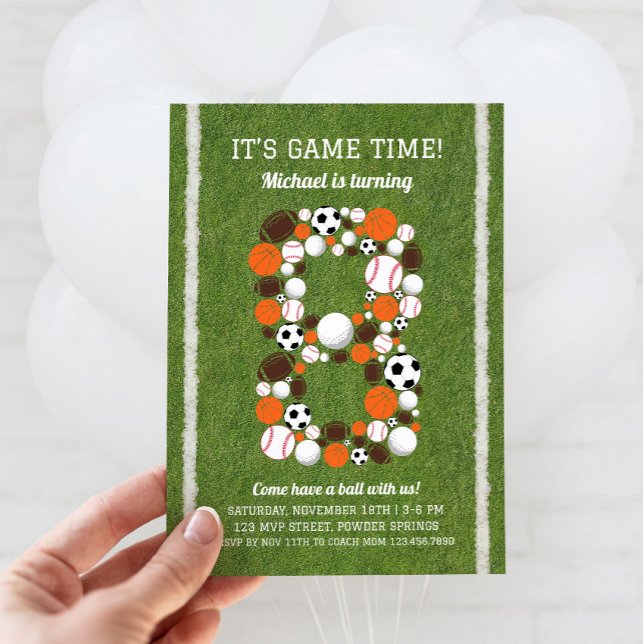 Convite de aniversário 8º Esporte (Sports 8th Birthday Invitation)