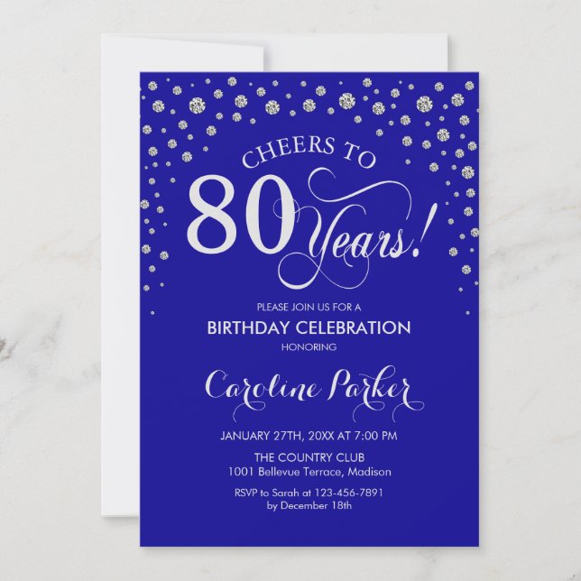Convite de aniversário 80 - Azul Real Prateado (Frente)