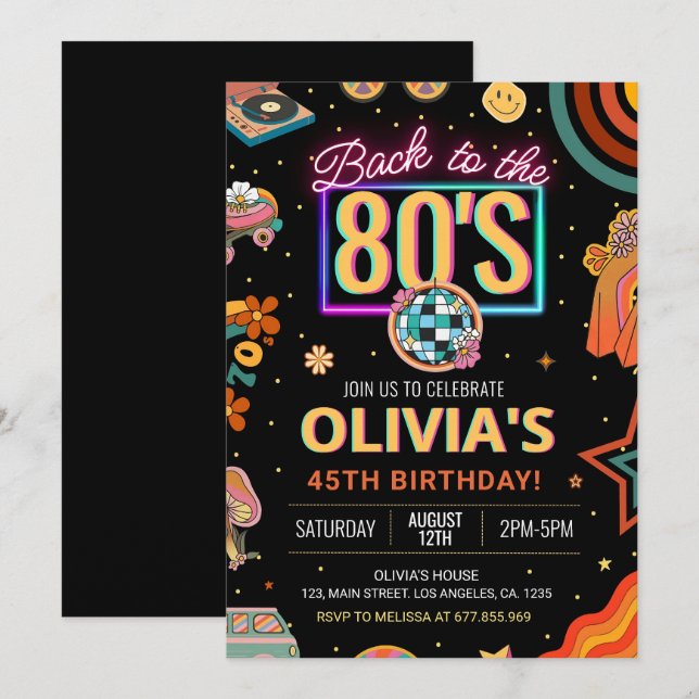 Convite de aniversário 80s editável Voltar aos 80s (Frente/Verso)
