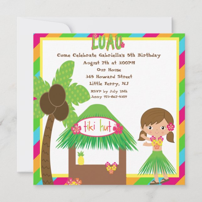 Convite de Aniversário à Praça Tiki Hut Luau (Frente)