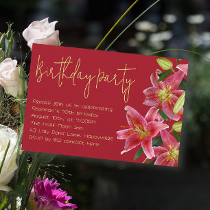 Convite de Aniversário Adulto com Flores de Lírio 