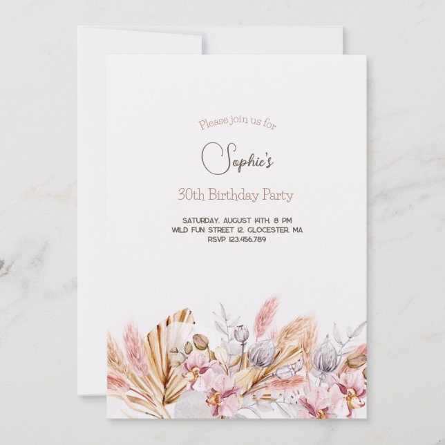 Convite de aniversário adulto flores Boho (Frente)
