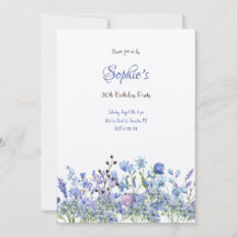 Convite de aniversário adultos flores azuis prados