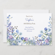 Convite de aniversário adultos flores azul prados