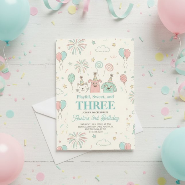 Convite de Aniversário Alegre Doce e Três Crianças (Criador carregado)