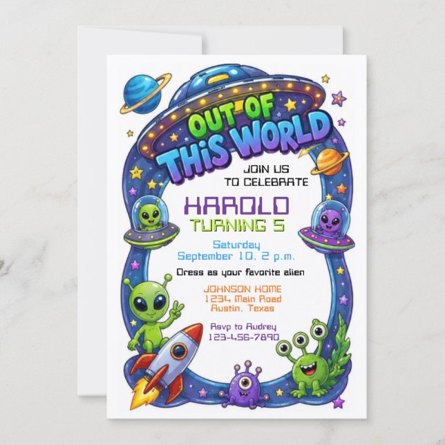 Convite de Aniversário Alien Fora do Mundo Espaço  (Frente)