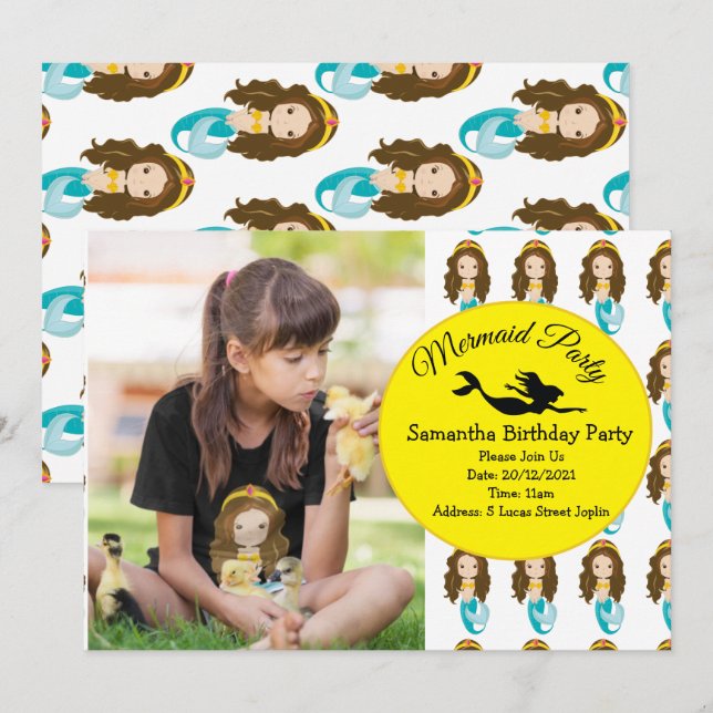 Convite de aniversário Amarelo Mermaid (Frente/Verso)