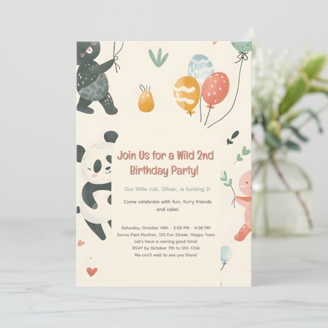Convite de Aniversário Amigos Animais Selvagens (Em pé/Frente)